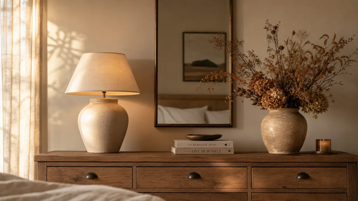 a serene bedroom dresser with seasonal dried botanicals, a ceramic lamp glowing…