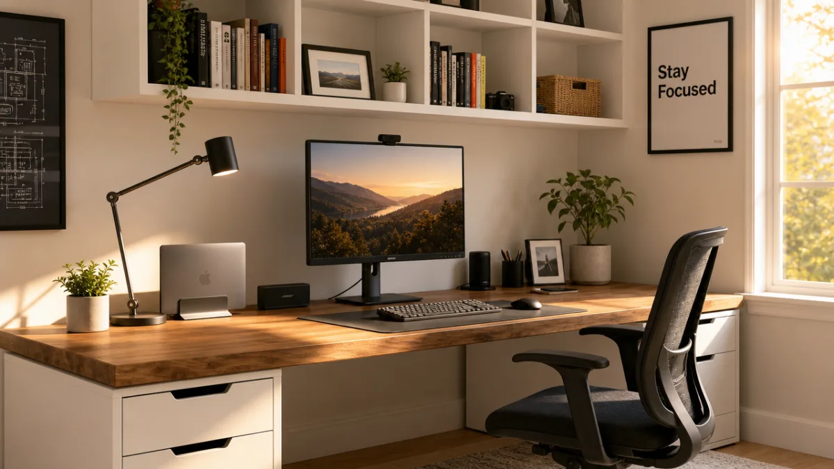 a clean modern home office desk with organized cables, white shelving above,…