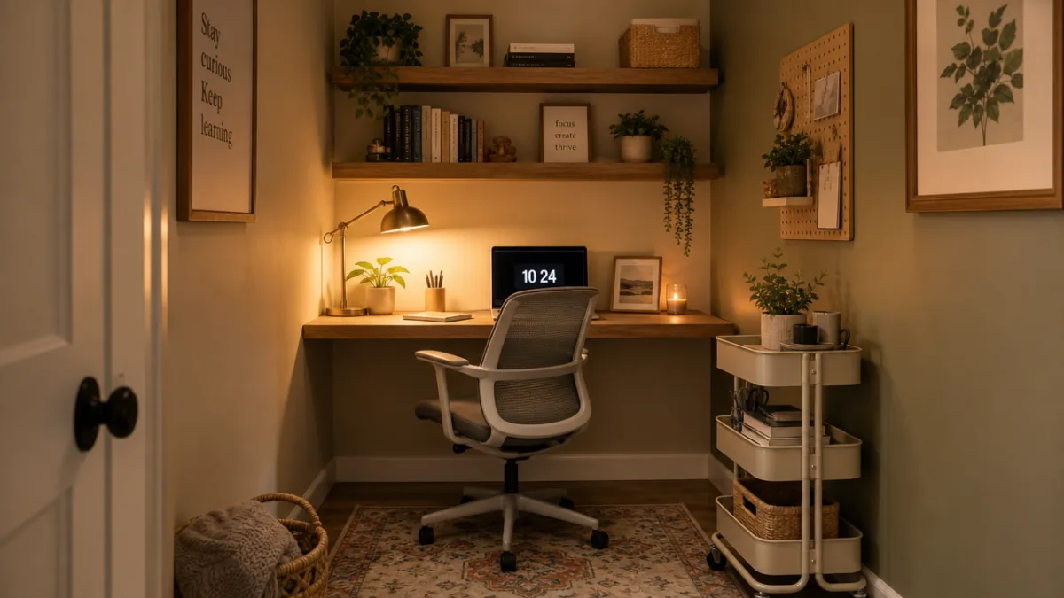 a compact home office nook with rolling storage cart, floating shelves, and…