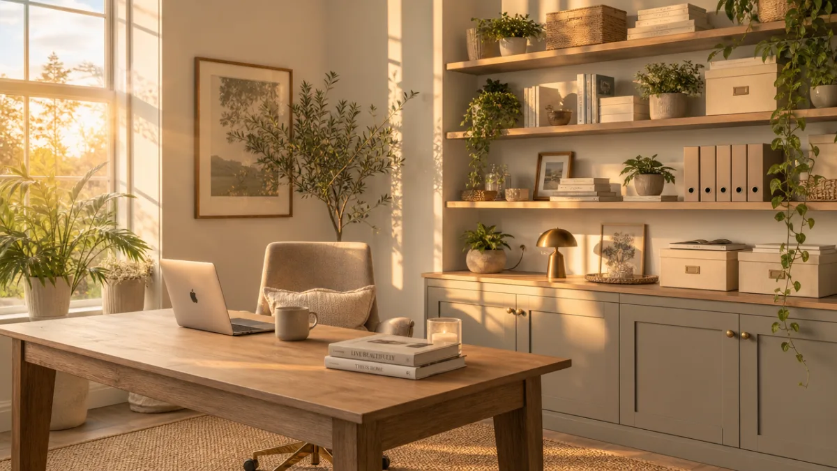 a beautifully styled home office with plants, cohesive neutral storage containers on…