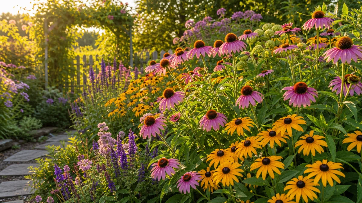 a lush sun-drenched garden border filled with purple coneflowers and golden black-eyed…