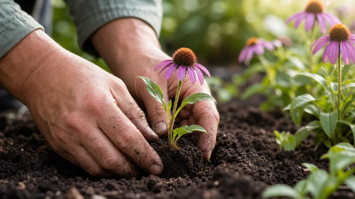 close-up of gardener's hands planting a purple coneflower seedling into rich garden…