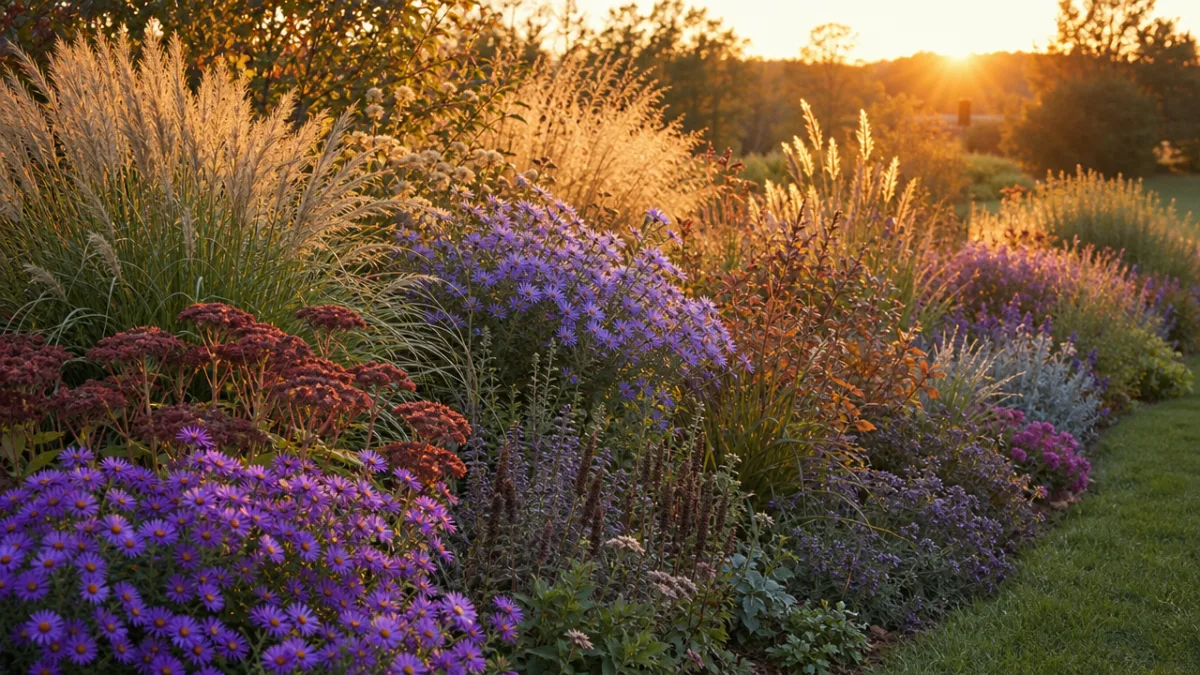 a beautifully layered perennial garden border with grasses and late-season asters glowing…