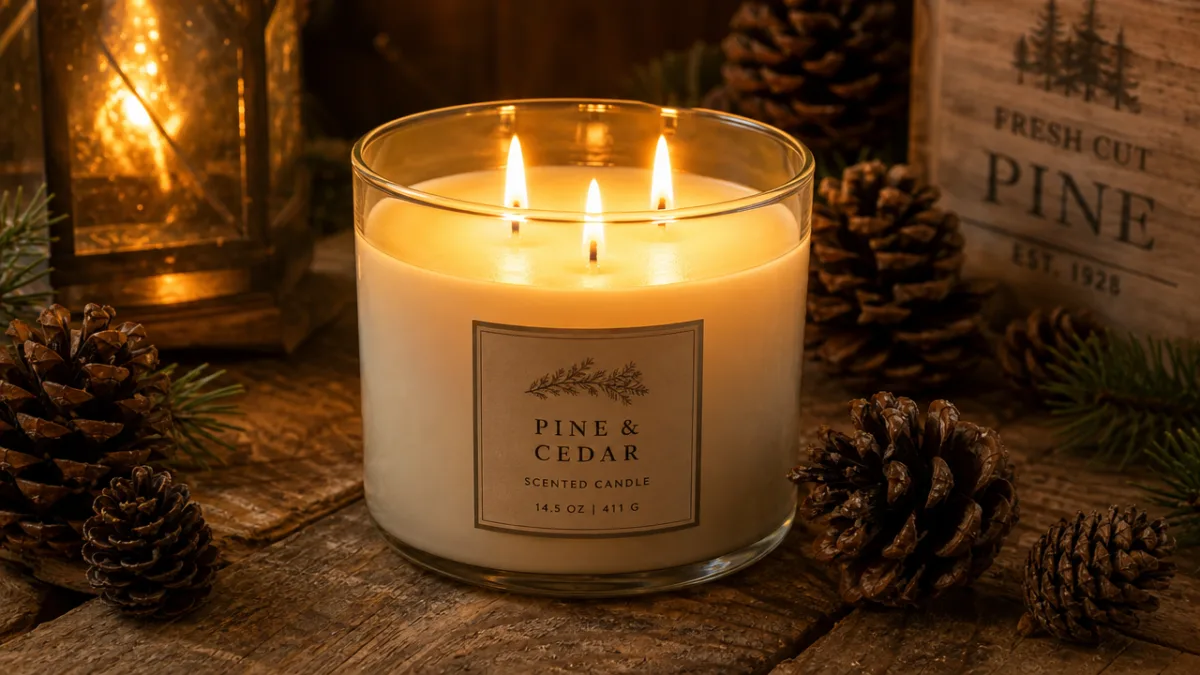 a lit three-wick candle in a glass jar on a rustic wooden…
