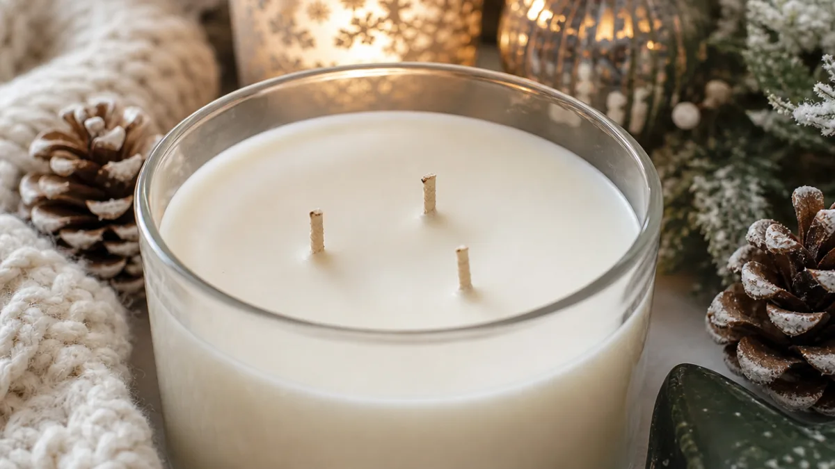 close-up of trimmed candle wicks in a three-wick jar surrounded by cozy…