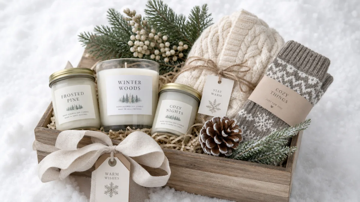 beautifully wrapped candle gift set in a wooden crate with cozy winter…