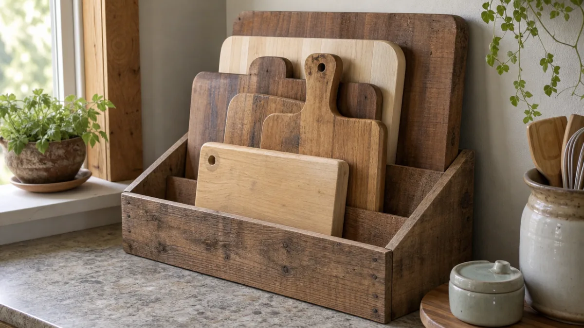 a rustic wooden DIY cutting board organizer on a kitchen counter holding…