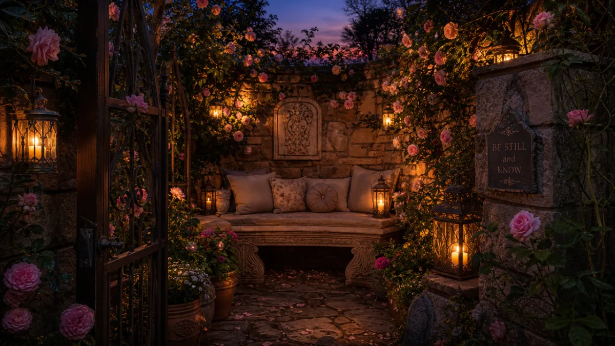 a cozy secret garden nook with a stone bench lanterns and climbing…
