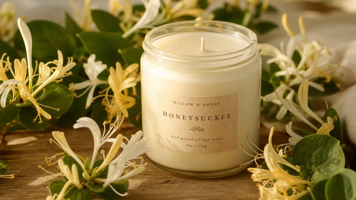 a hand-poured soy wax candle in a glass jar surrounded by fresh…