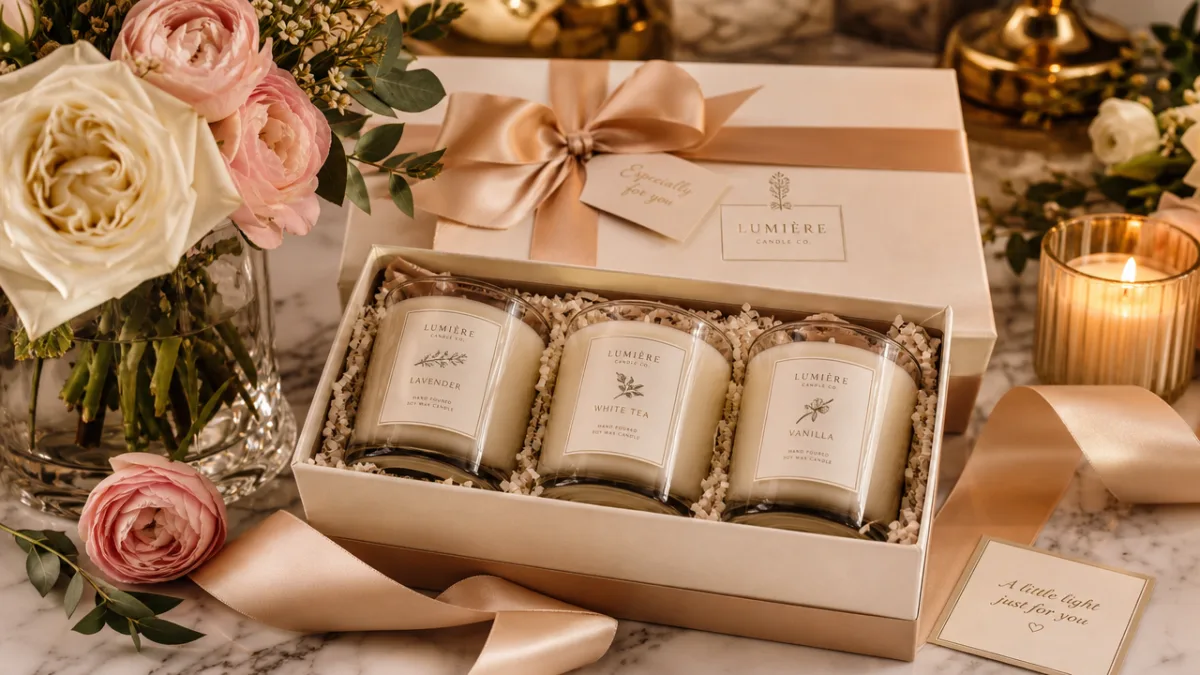 an elegantly wrapped candle gift set on a marble surface with fresh…