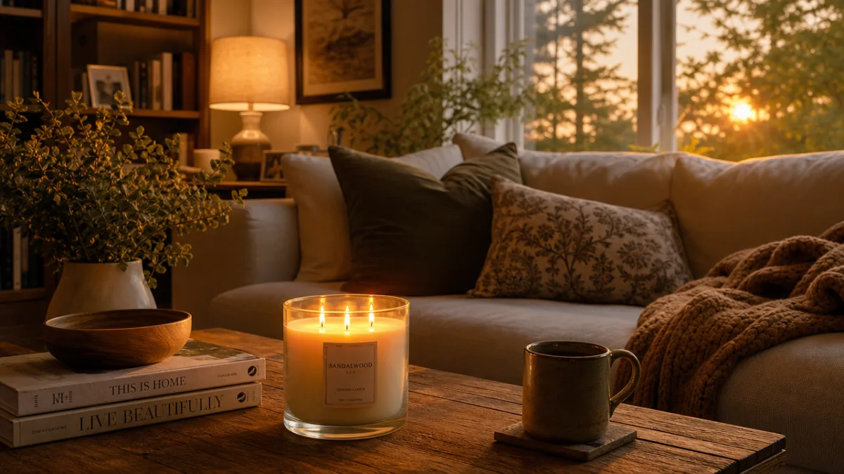 a cozy living room interior with a glowing three-wick candle on a…