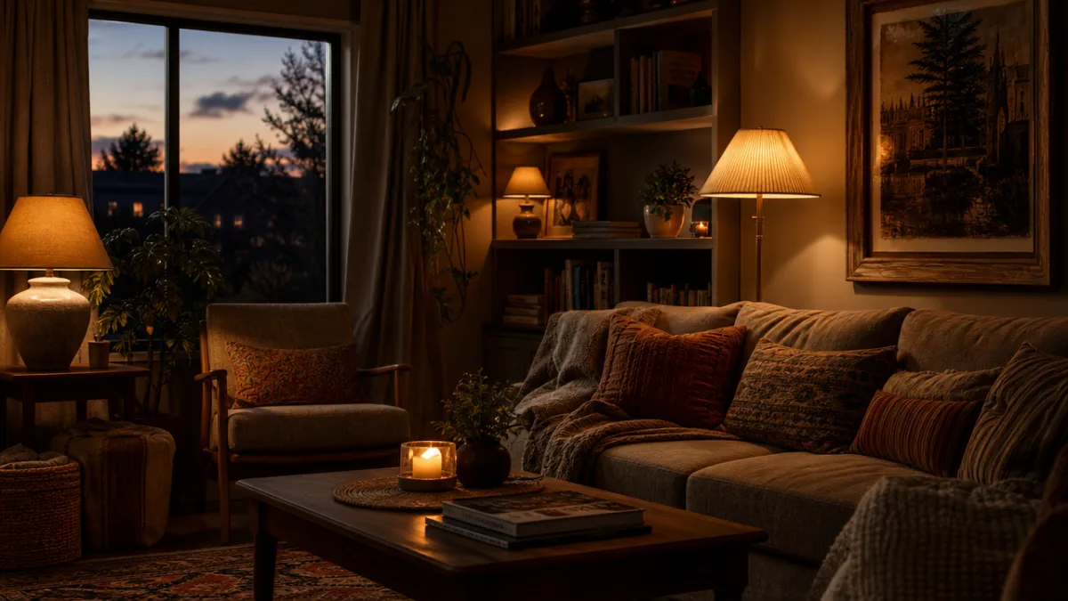 a warmly lit living room at dusk with layered lamps glowing amber,…