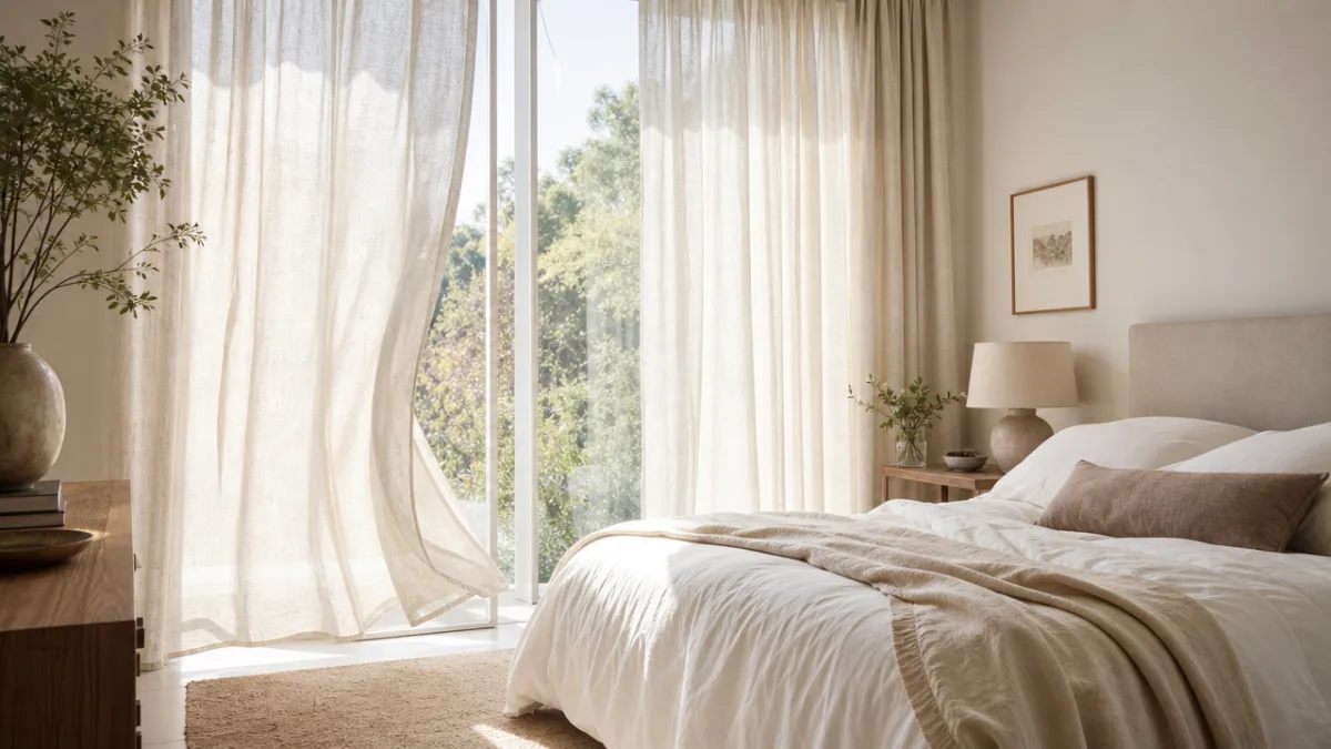 a bright airy bedroom with floor-to-ceiling linen curtains billowing gently, soft morning…