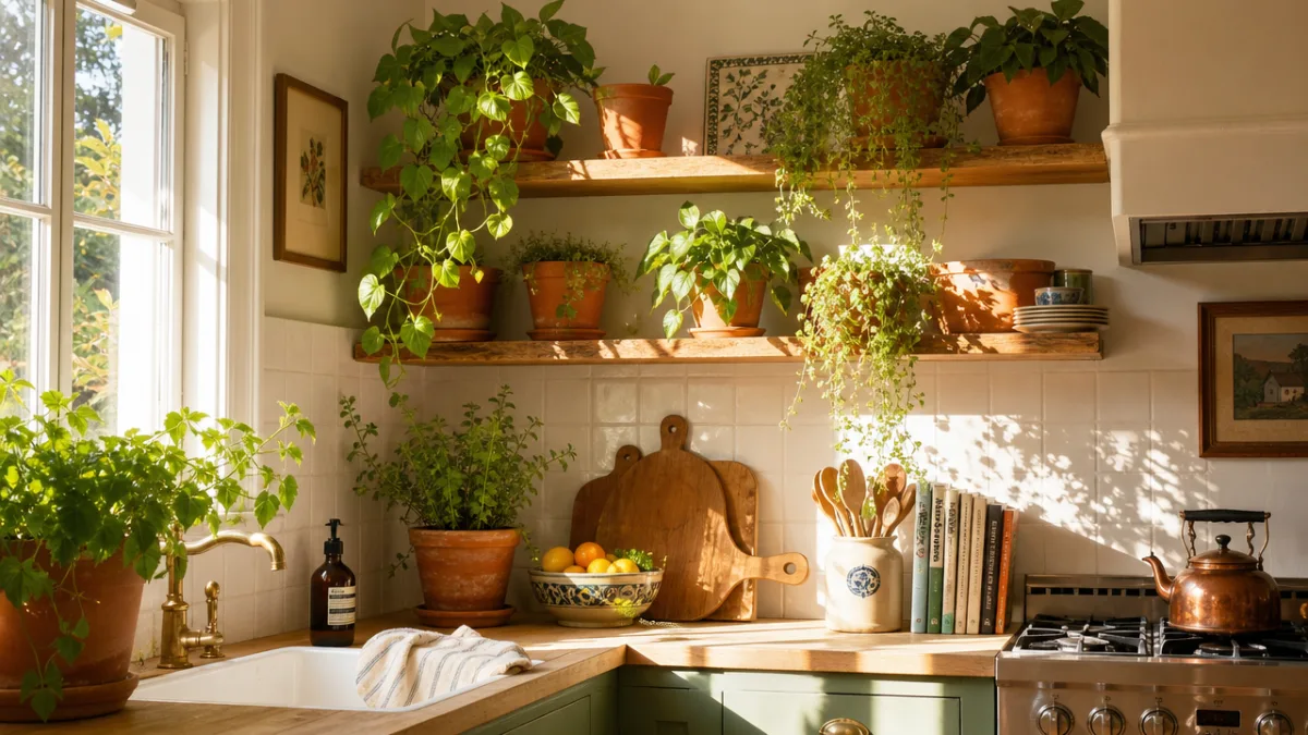 a sunlit kitchen corner with terracotta pots of lush trailing plants on…