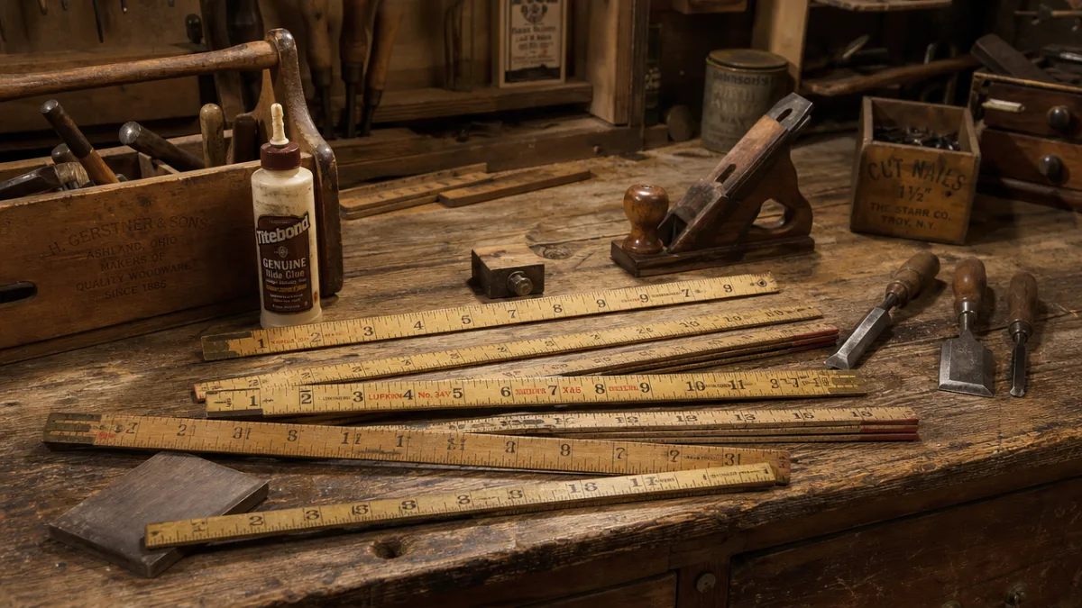 a rustic wooden workbench covered with vintage meter sticks, wood glue, and…