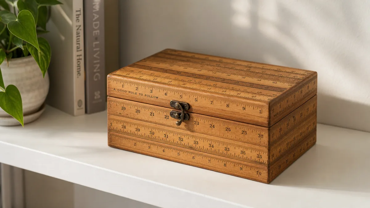 a beautifully finished wooden box made from ruler sticks displayed on a…