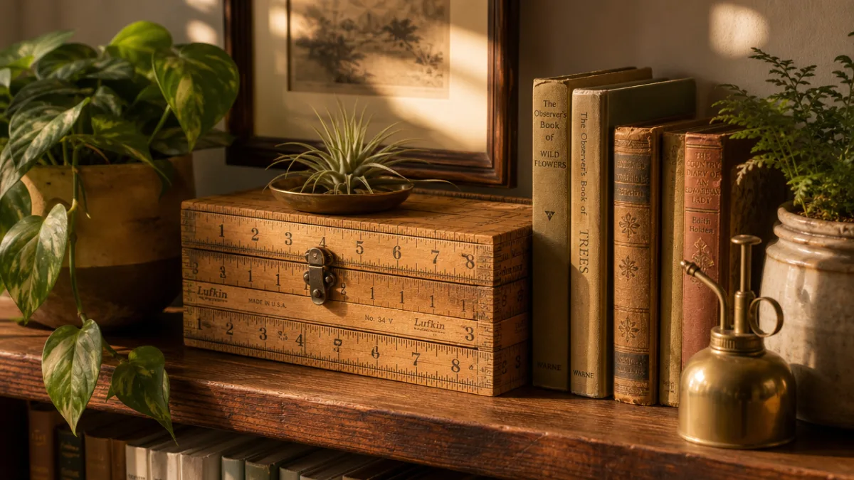 a styled home shelf vignette featuring a ruler-wood box surrounded by vintage…