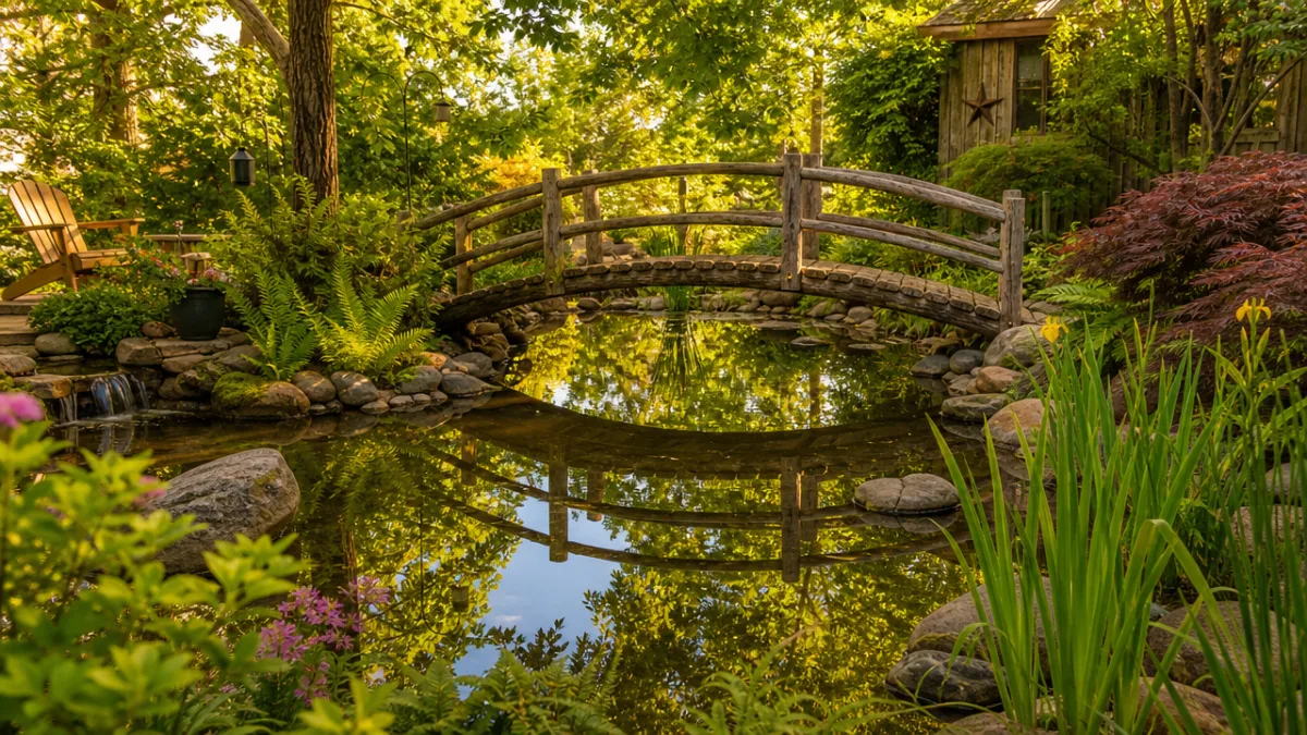 a serene backyard pond with a rustic wooden bridge under warm golden…