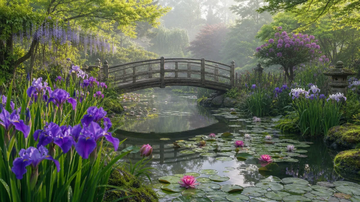 lush garden pond with wooden bridge surrounded by irises and water lilies…