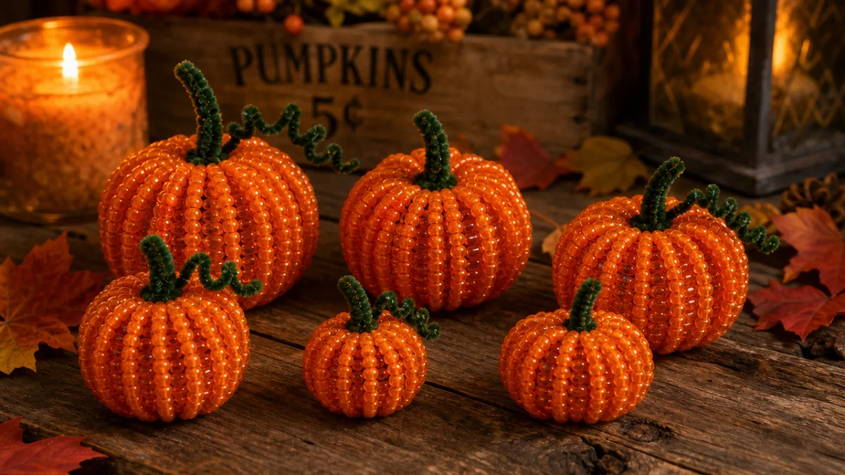 a group of finished orange beaded pipe cleaner pumpkins displayed on a…