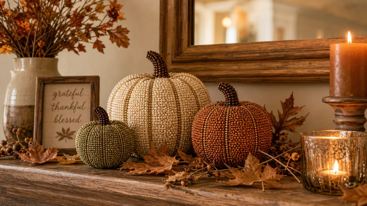 a cozy autumn home vignette featuring beaded pumpkins on a wooden mantel…