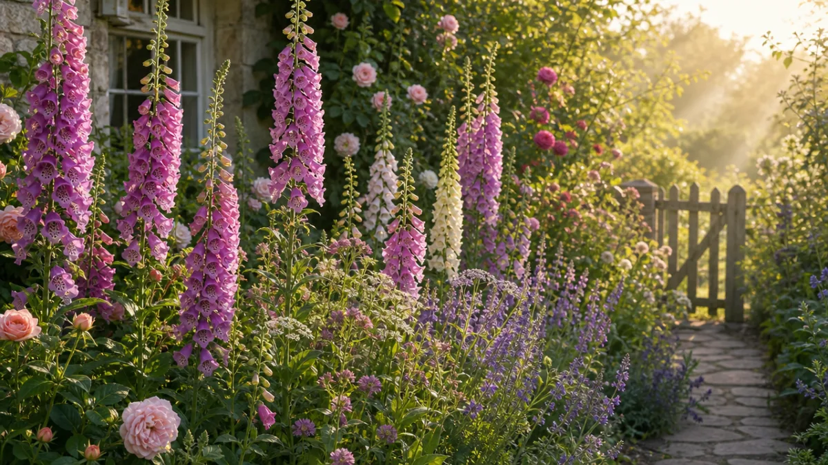 a lush cottage garden border with towering purple foxglove spires in soft…