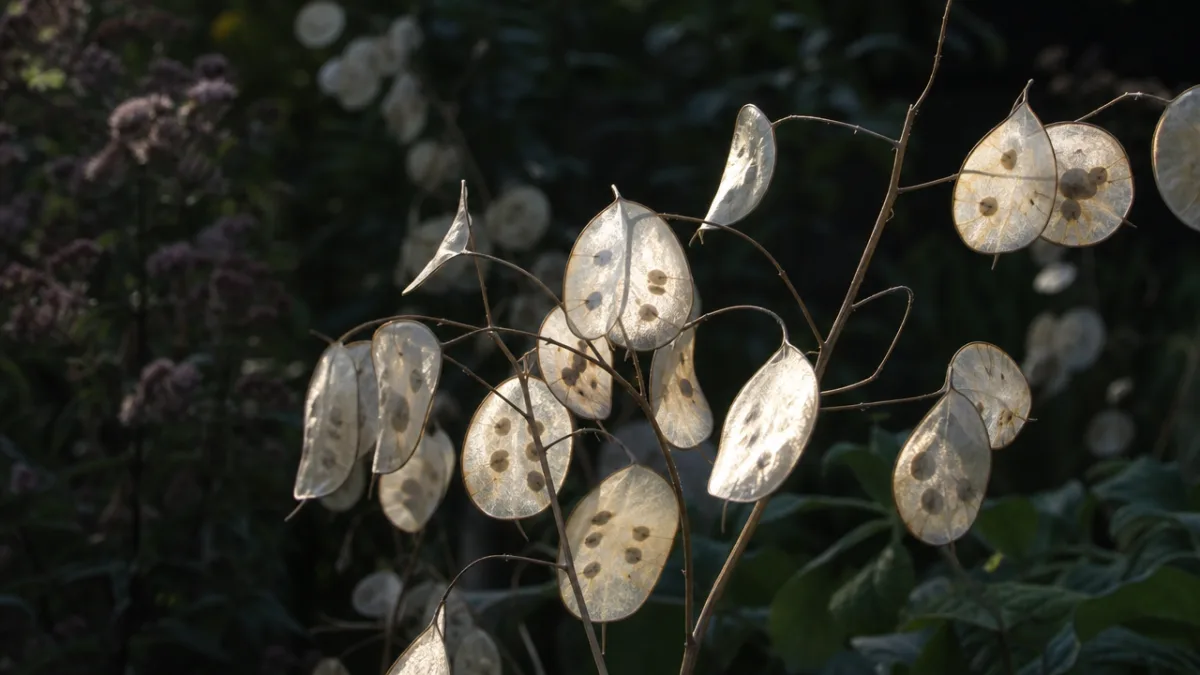 delicate silvery Honesty seed pods glowing against a dark garden background, soft…