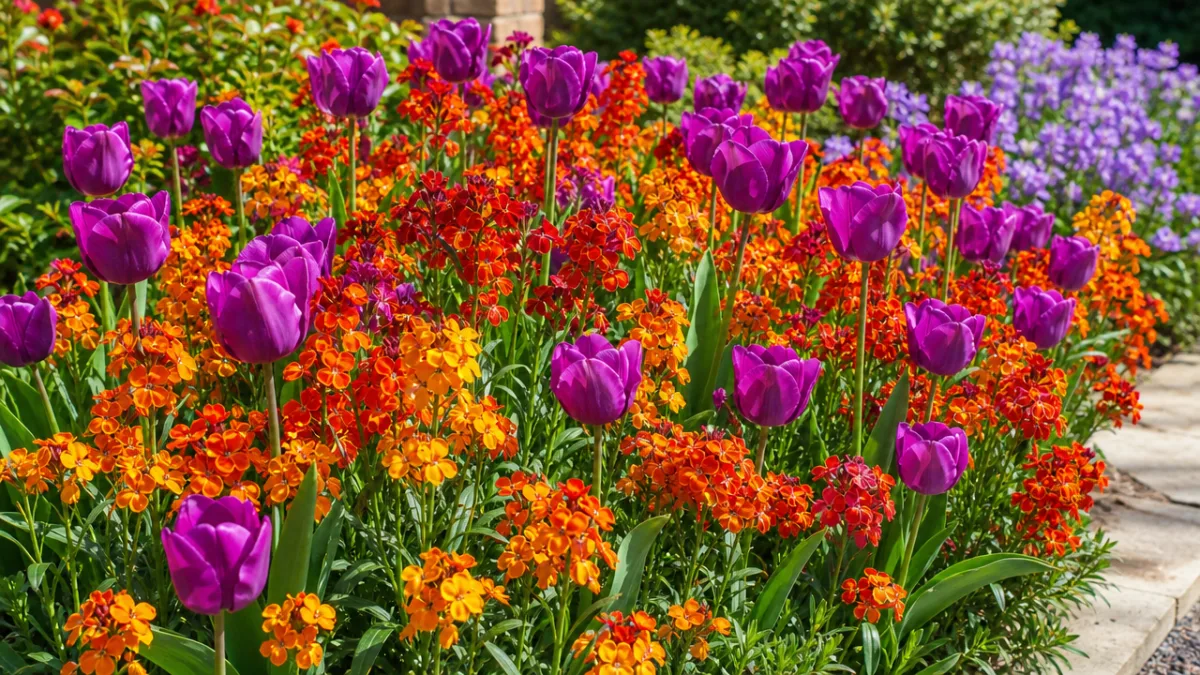 vibrant orange and red wallflowers interplanted with purple tulips in a spring…