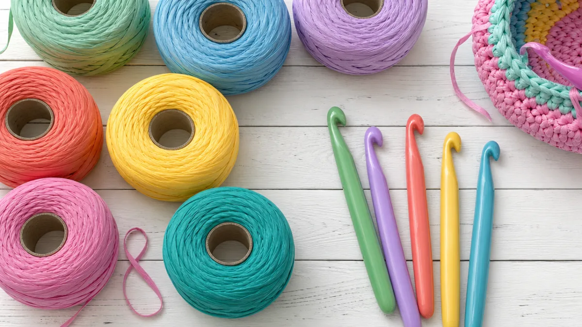 a flat lay of colorful polypropylene yarn spools and large crochet hooks…