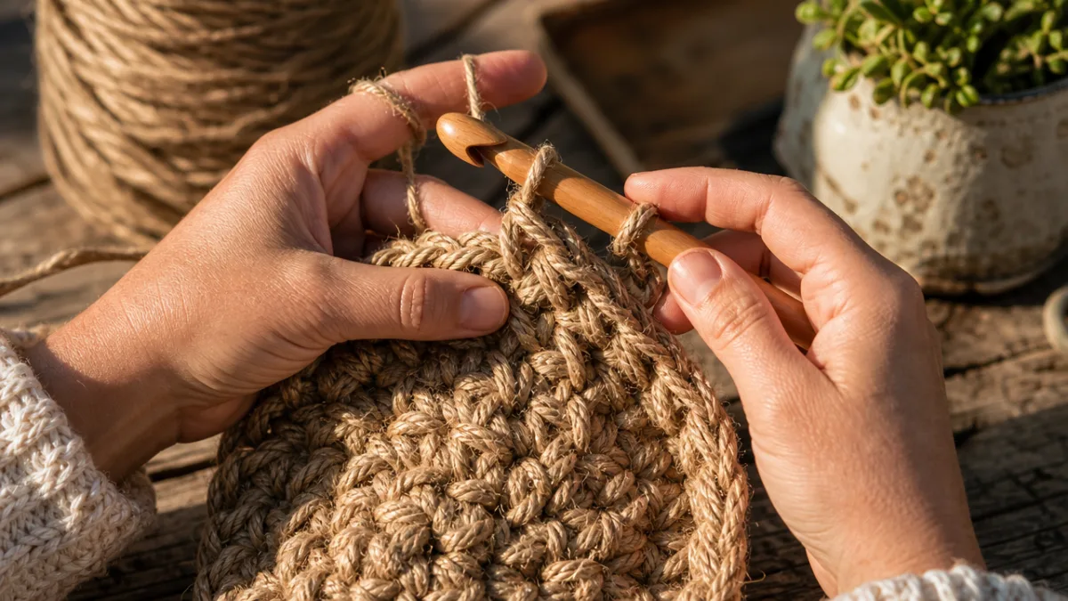 close-up of hands crocheting thick rope yarn with a large wooden hook…