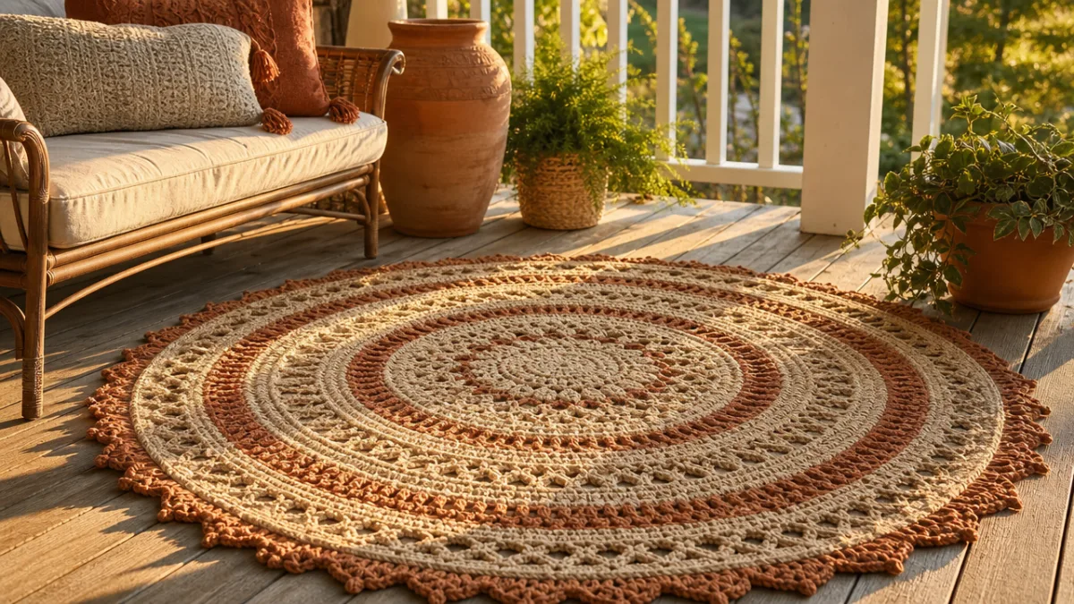 a completed handmade crochet outdoor rug in natural and terracotta tones on…