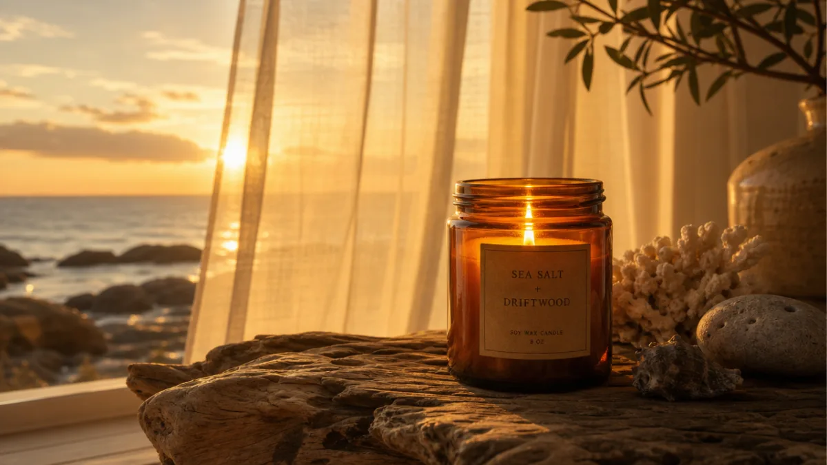 a glowing amber candle on a driftwood surface at golden hour, warm…