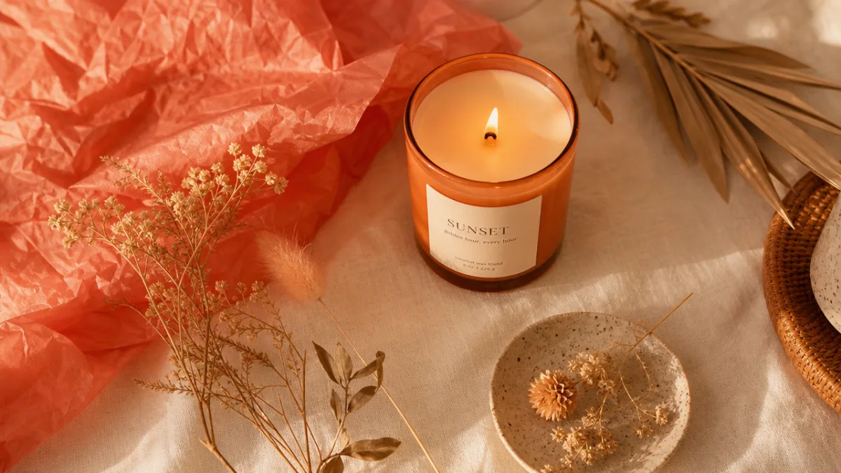 a styled flat lay of a sunset candle, coral tissue paper, and…