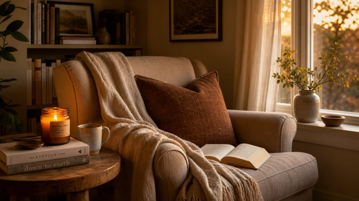a cozy reading nook with a lit amber candle, a linen throw,…
