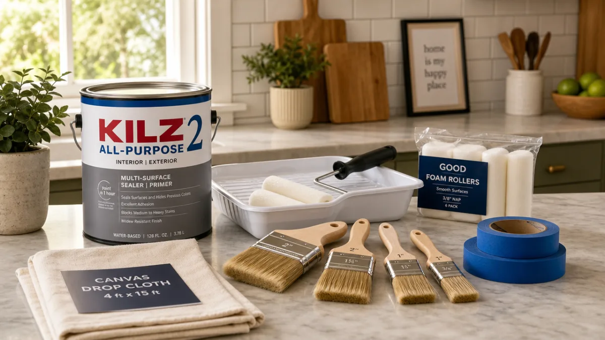a neatly organized kitchen countertop displaying painting supplies including primer, brushes, and…