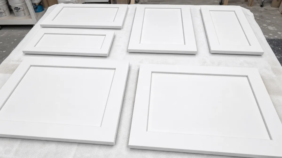 freshly primed white kitchen cabinet doors laid flat on a workshop surface,…