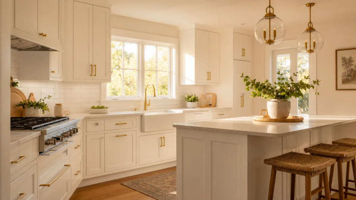 a beautifully finished white kitchen with freshly painted cabinets, modern hardware, and…