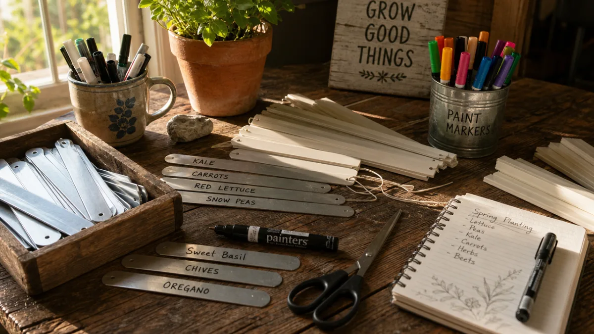 a rustic wooden table covered with garden label materials including aluminum strips,…