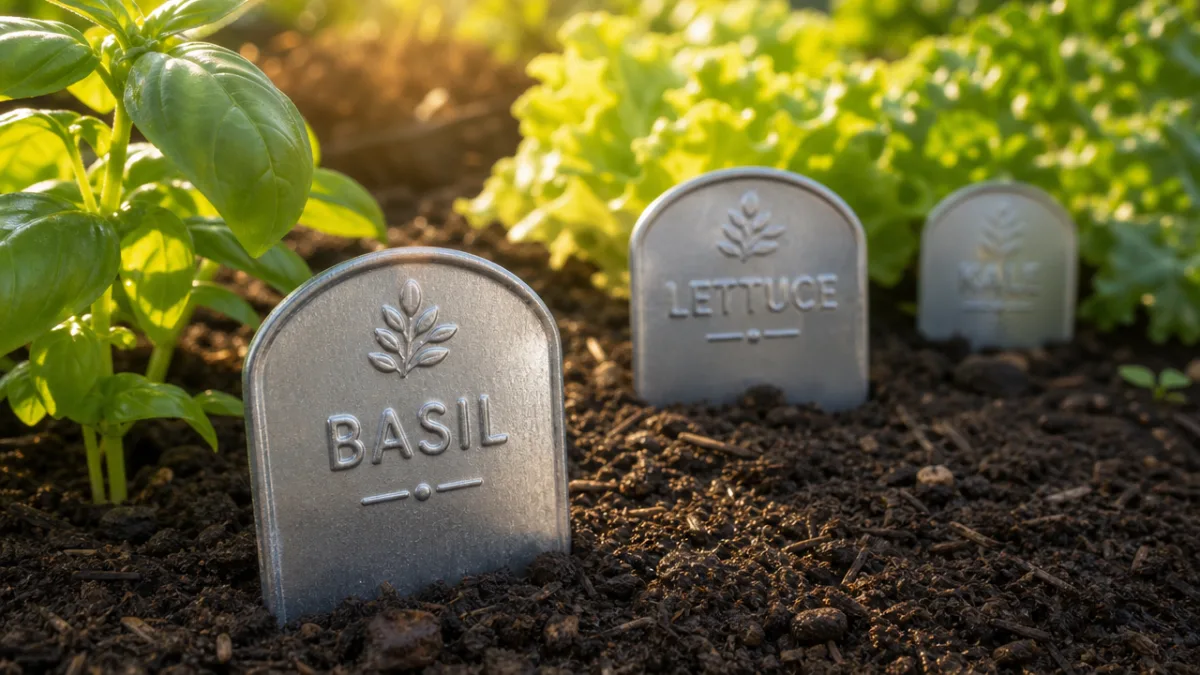 close-up of embossed aluminum garden labels pressed into rich garden soil beside…
