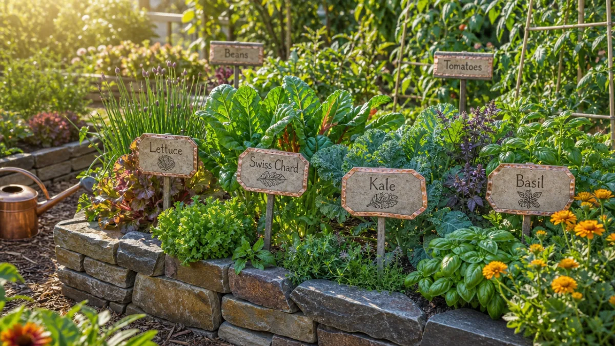 a thriving raised bed vegetable garden with beautiful handmade stone and copper…