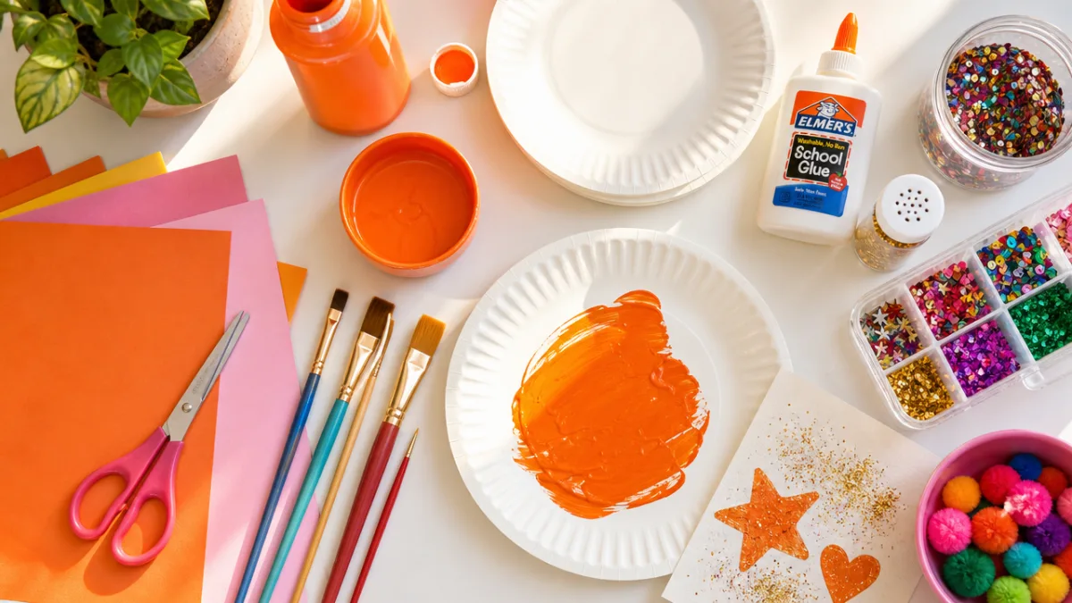 a colorful flat lay of craft supplies including orange paint, paper plates,…