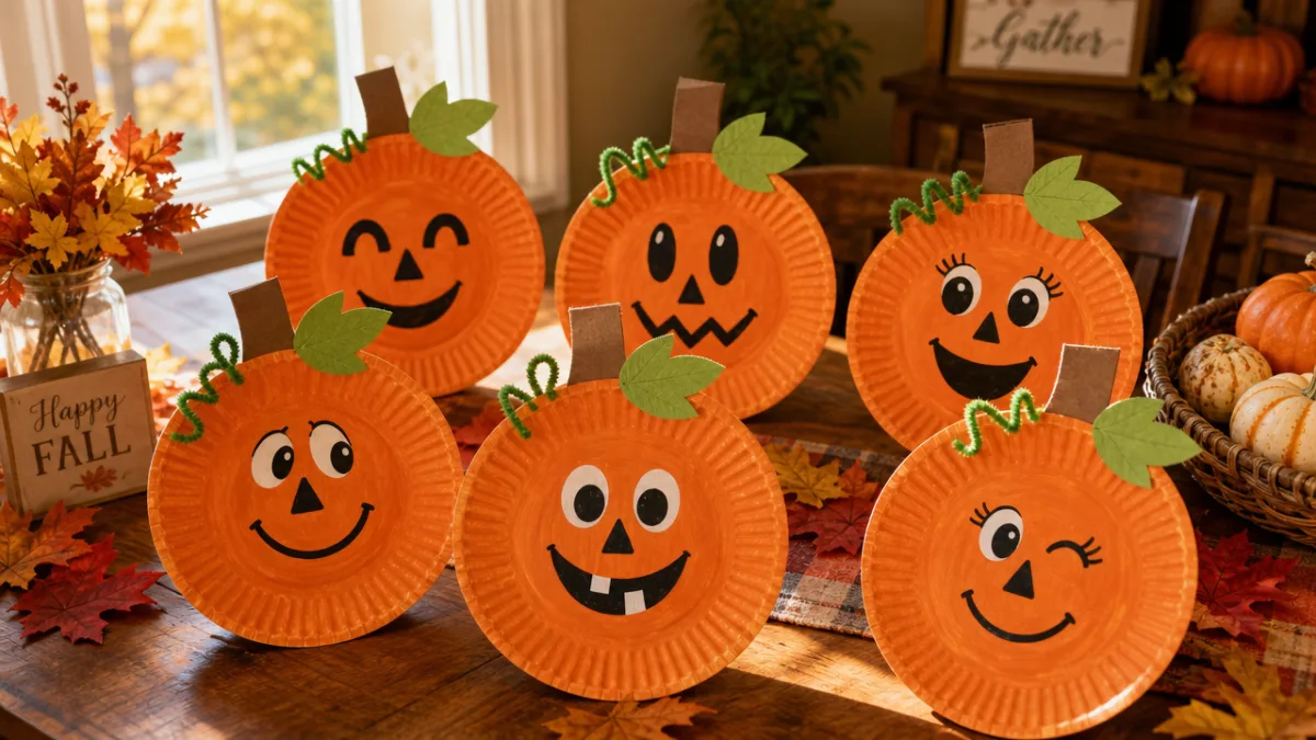 a cheerful arrangement of finished paper plate pumpkins with painted faces on…
