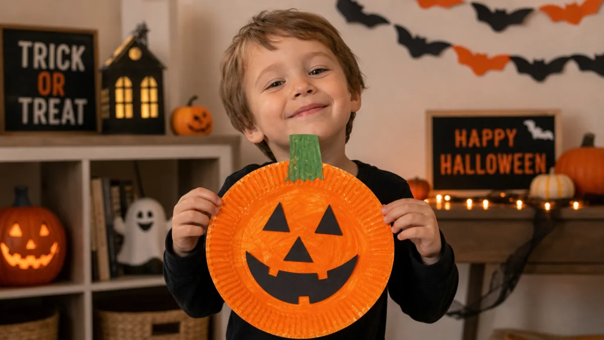 a proud young child holding up a bright orange painted paper plate…