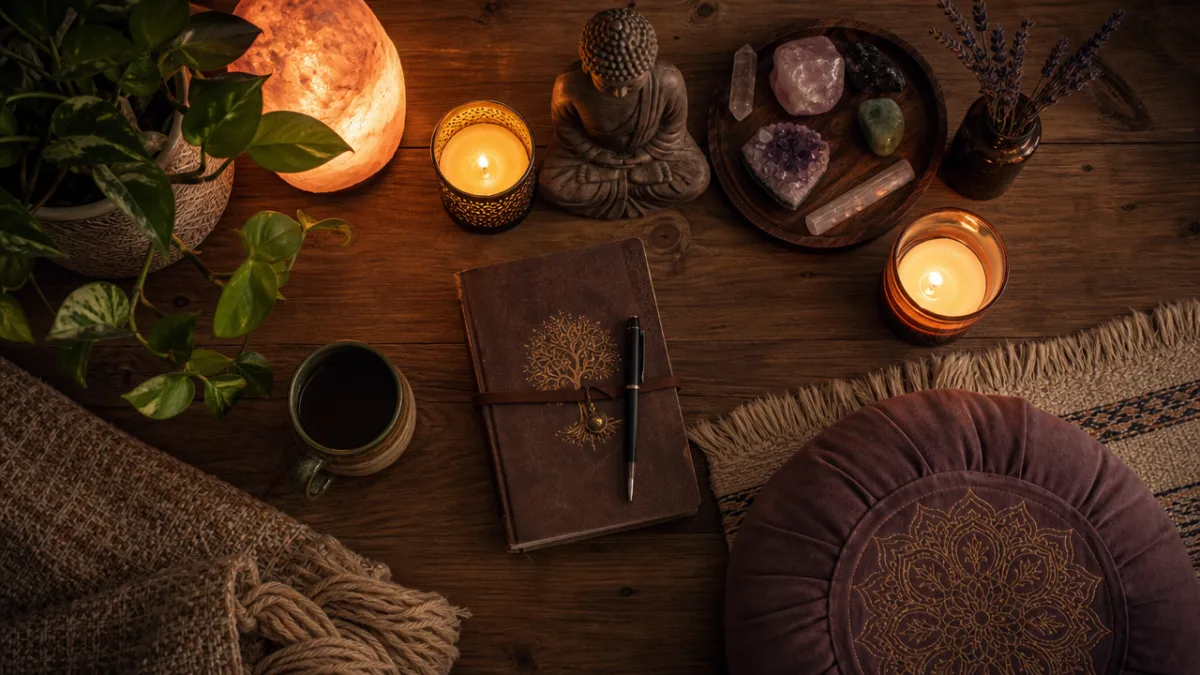 an overhead view of a meditation corner with candles, crystals, and a…