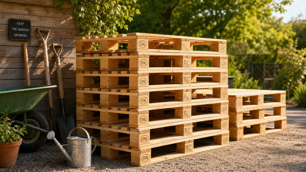a collection of clean wooden pallets stacked outdoors in warm afternoon sunlight,…