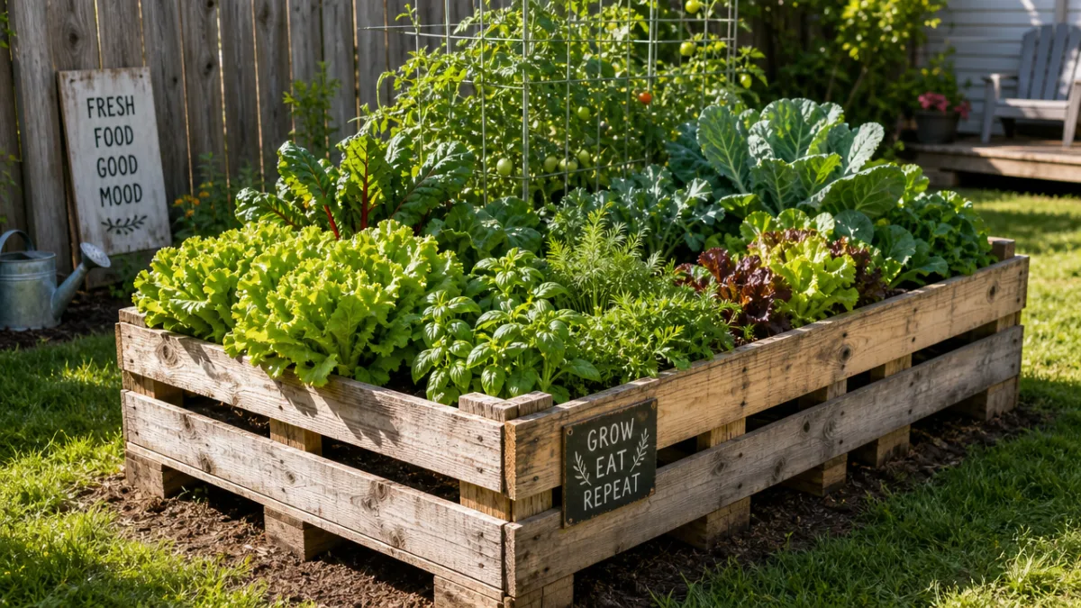 a rustic pallet raised garden bed filled with lush green vegetables in…