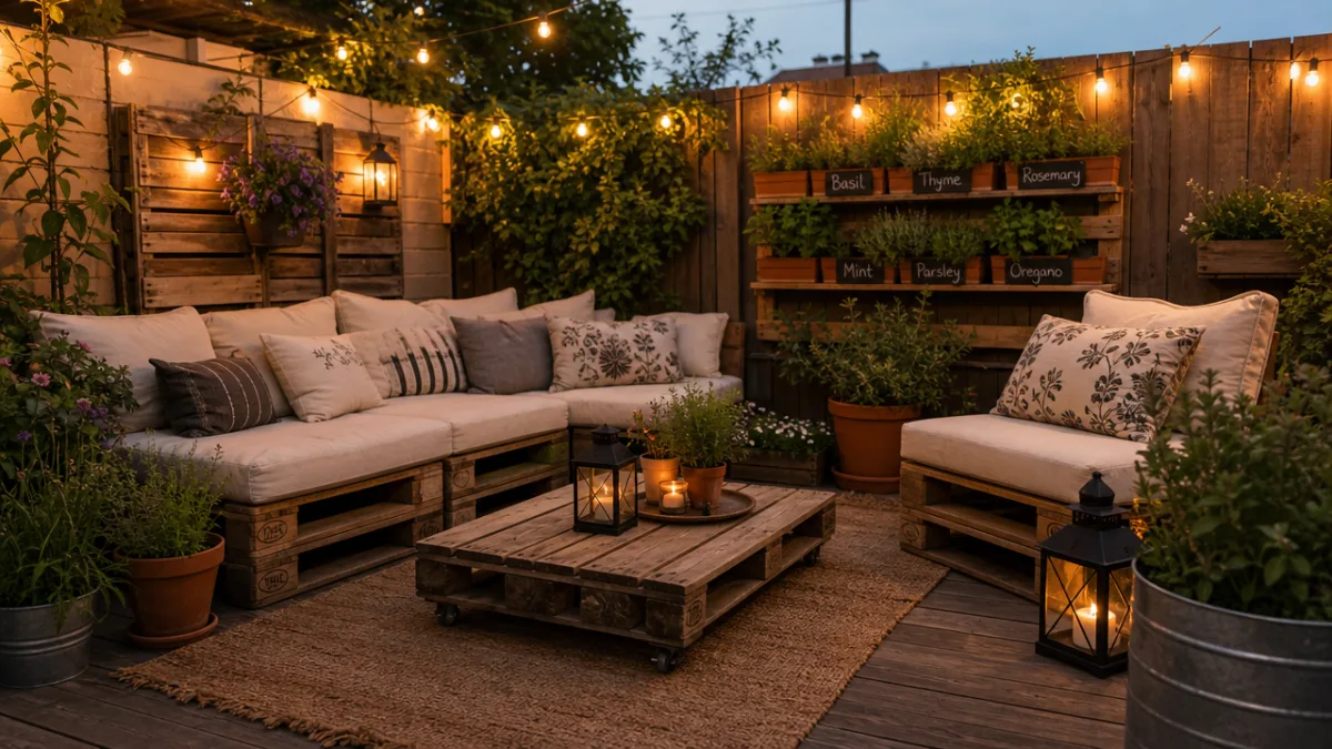 a cozy pallet garden patio with cushioned furniture, potted herbs, and string…
