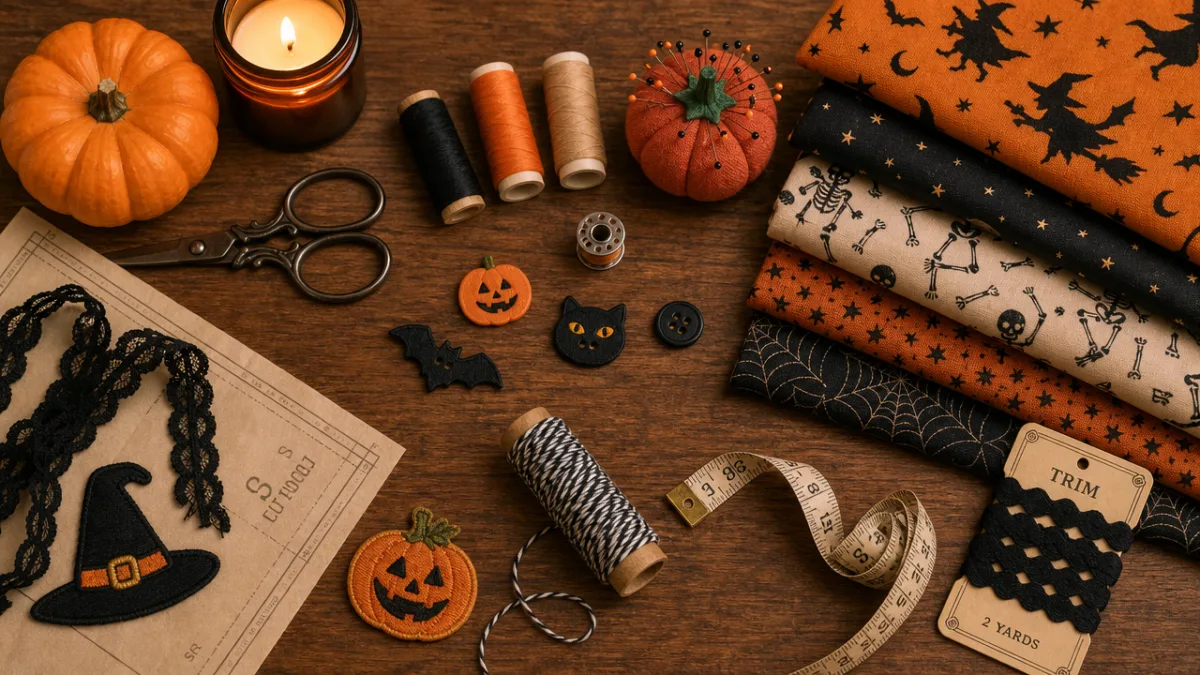 a flat lay of Halloween sewing materials on a wooden table, warm…