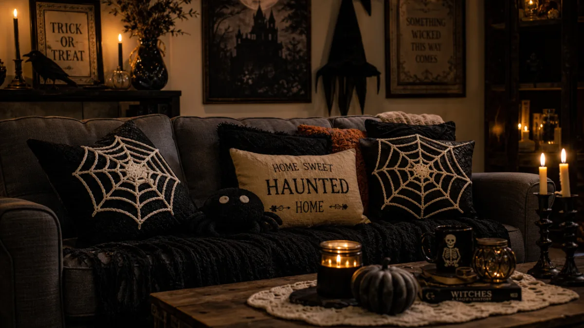 a Halloween-decorated living room couch with handmade spider web pillows, moody candlelit…