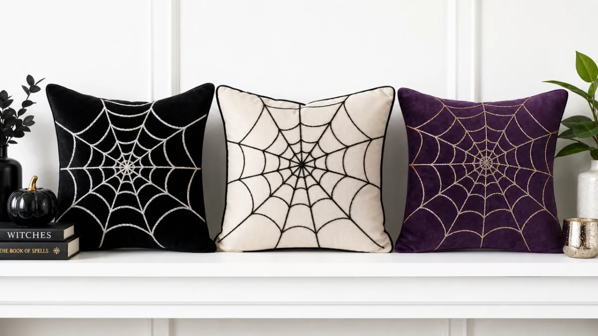 three spider web pillows in different color schemes displayed on a white…